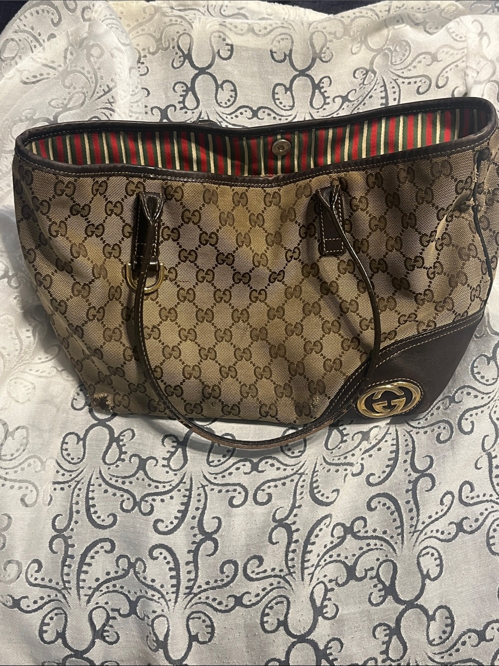 Gucci Beige GG Canvas Tote with Brown Leather Trim and Gold Hardware